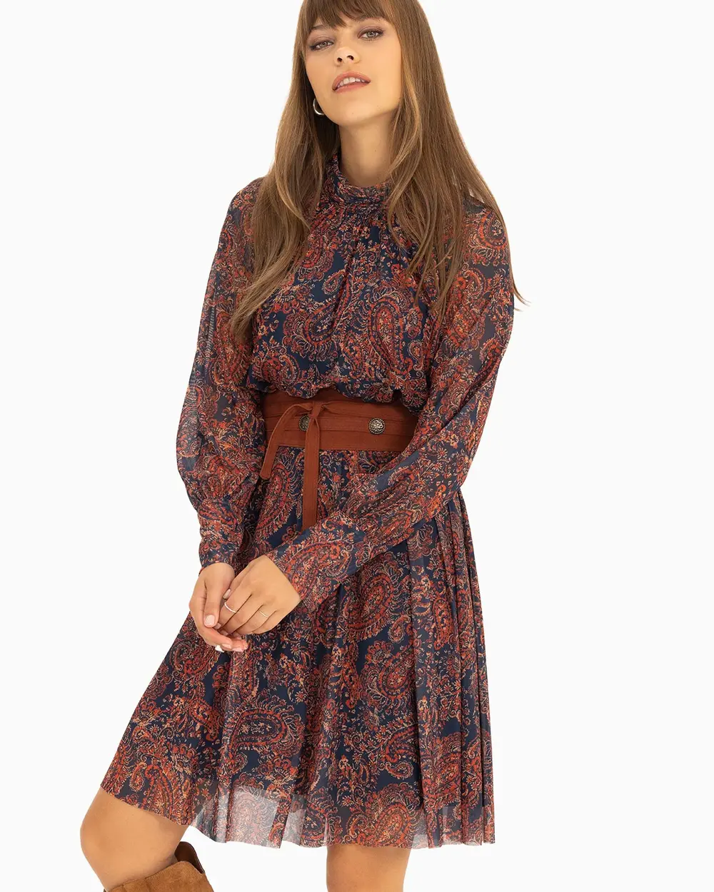 Shawl Pattern Waist Belt Dress