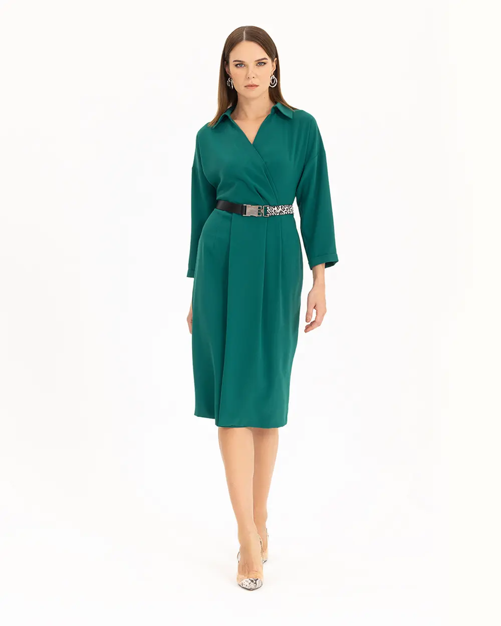 Kemerli Kruvaze Yakalı Elbise