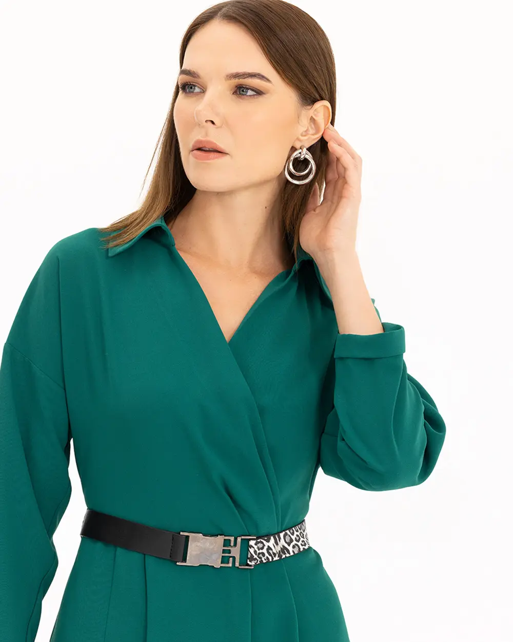 Kemerli Kruvaze Yakalı Elbise