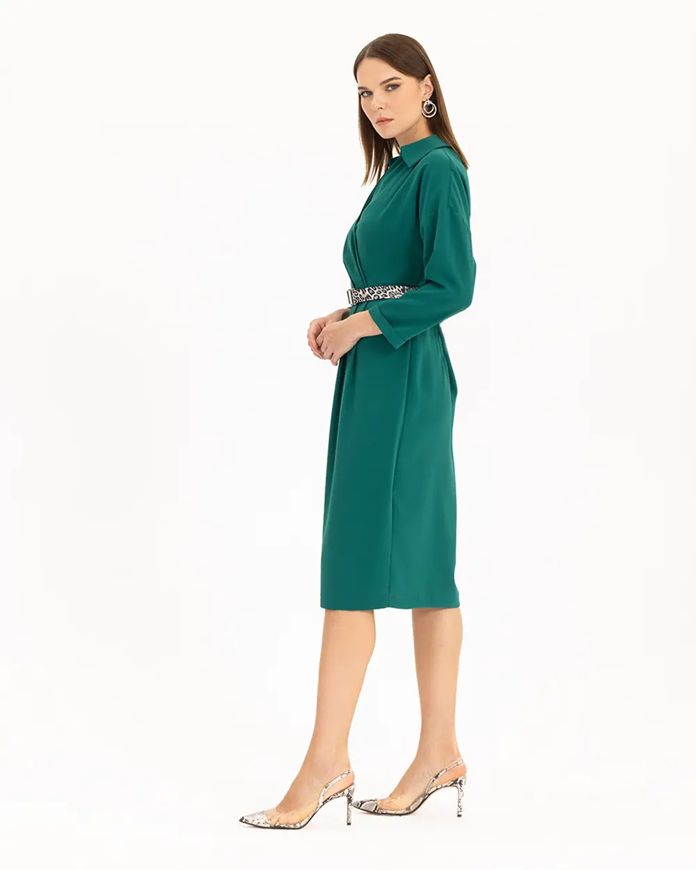 Kemerli Kruvaze Yakalı Elbise