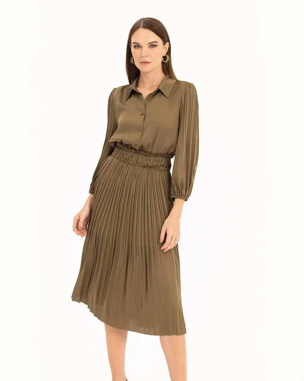 Satin Look Pleated Midi Length Dress