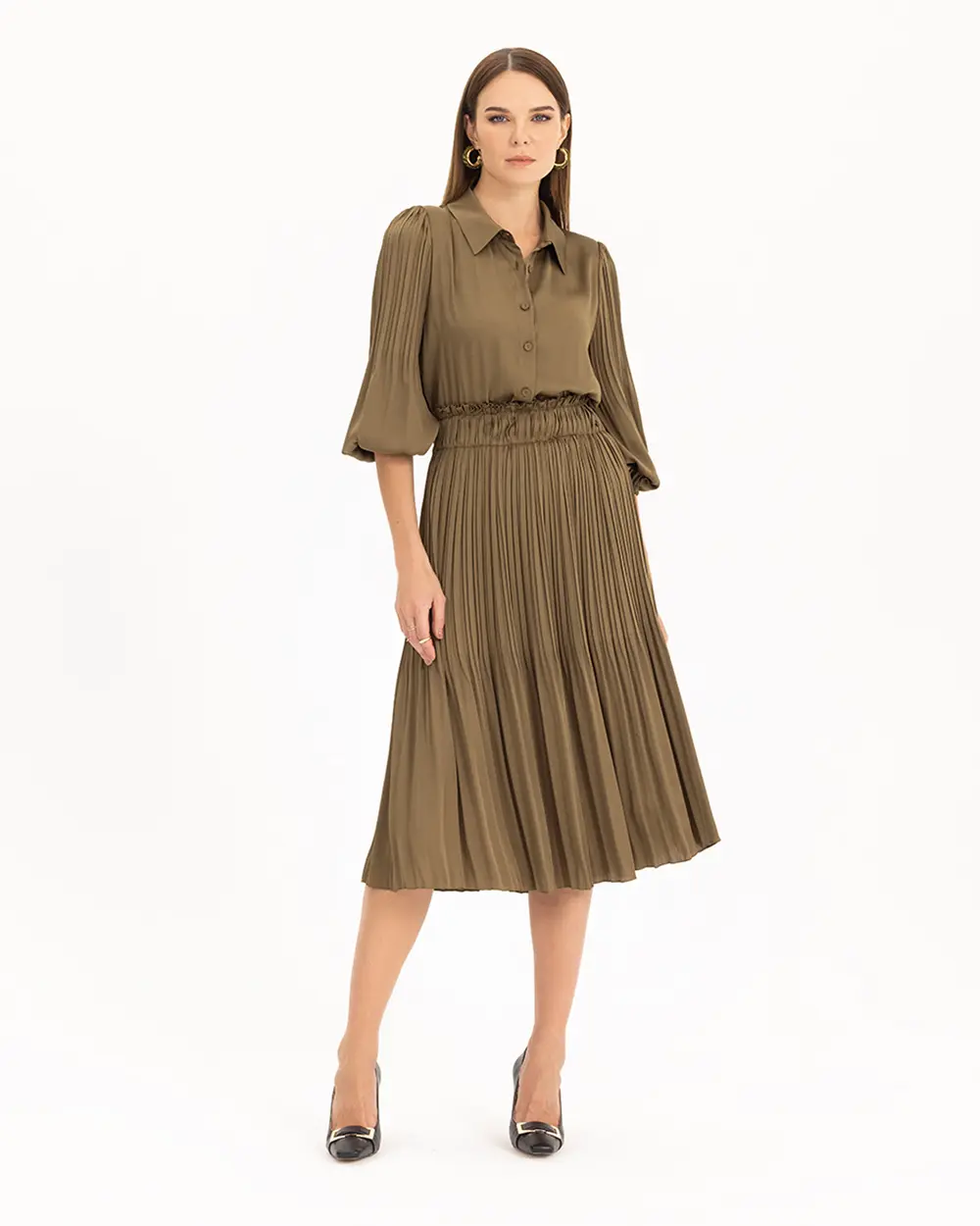 Satin Look Pleated Midi Length Dress