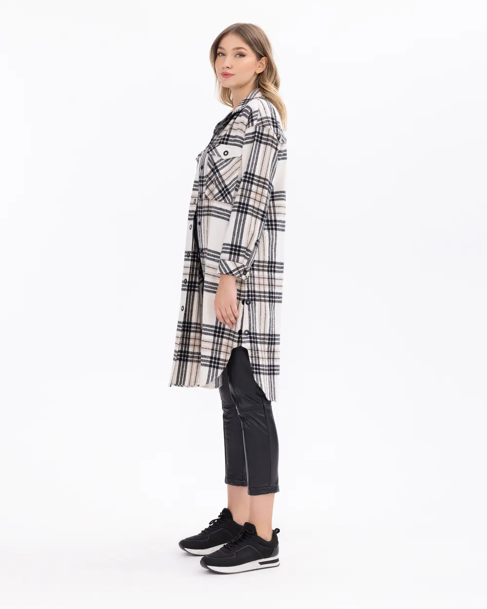 Plaid Patterned Snap Button Pocket Detailed Tunic