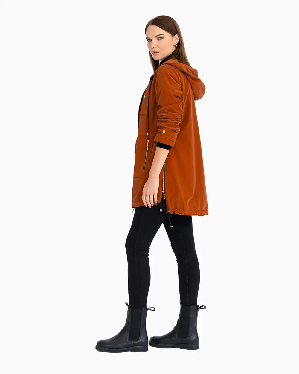 Bağcık Detaylı Kapüşon Yaka Fermuarlı Trençkot