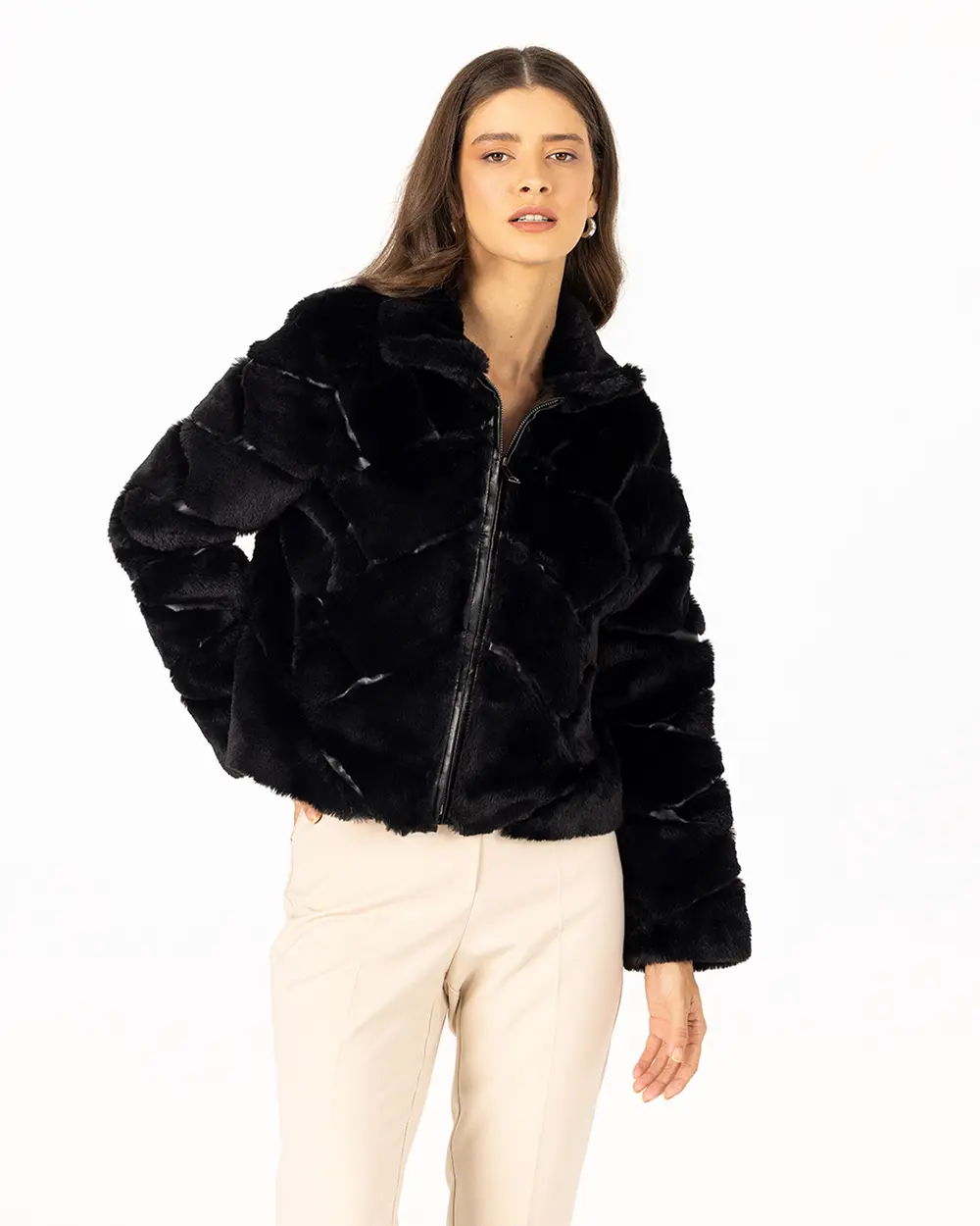 Zippered Faux Fur Coat