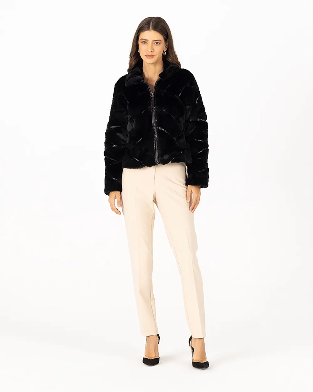 Zippered Faux Fur Coat