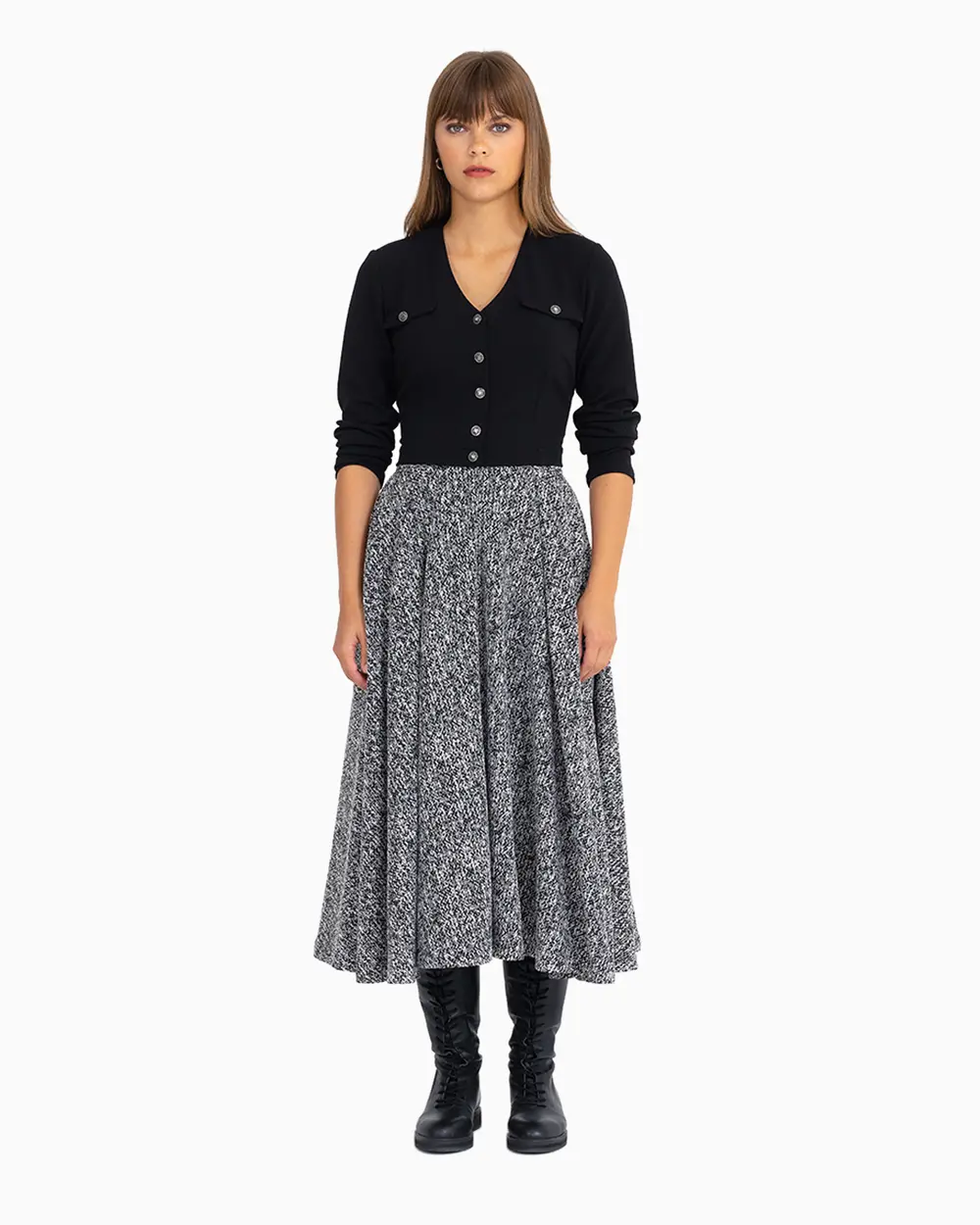 Patterned Midi Length Flared Skirt
