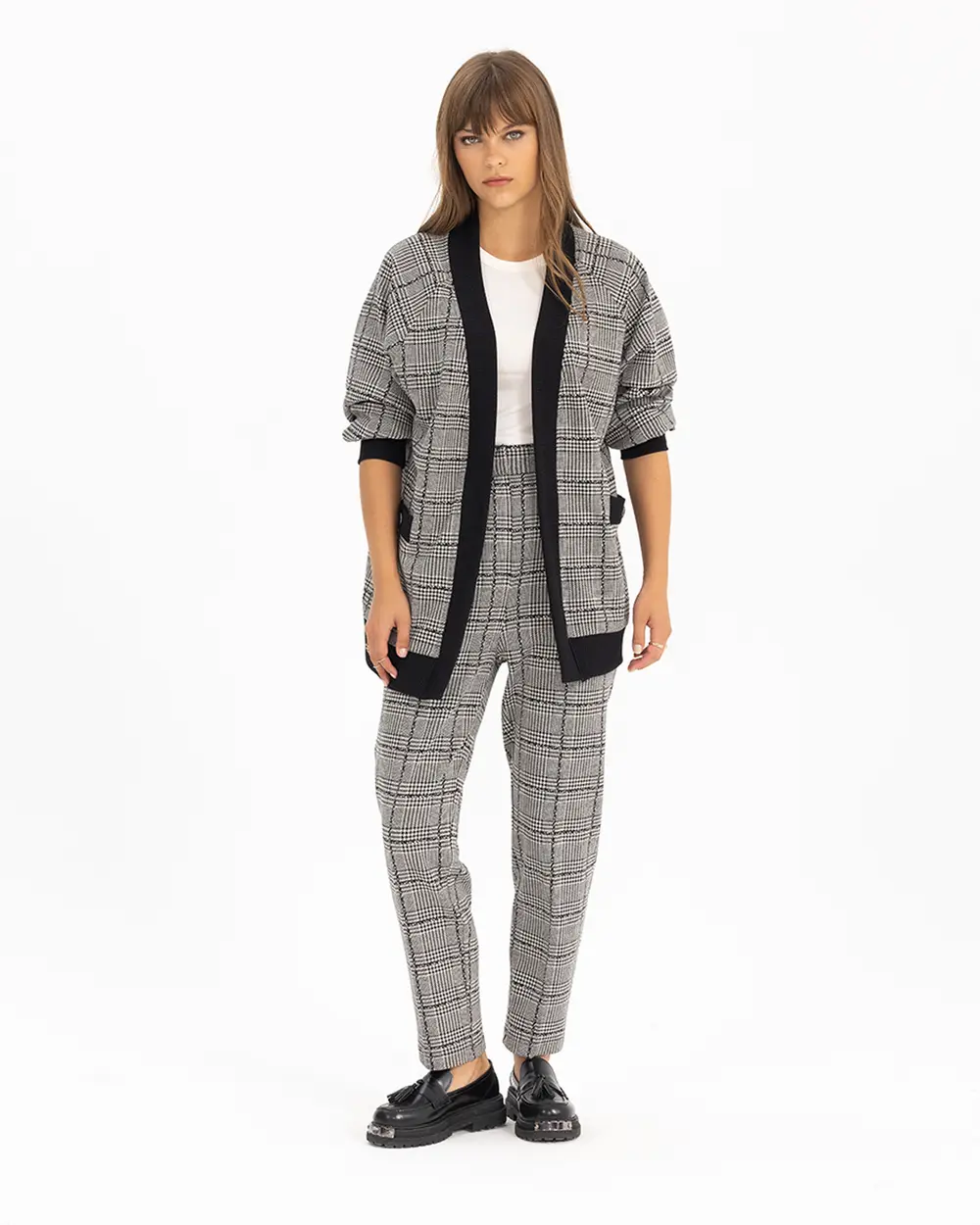 Carrot Cut Knitted Fabric Plaid Trousers