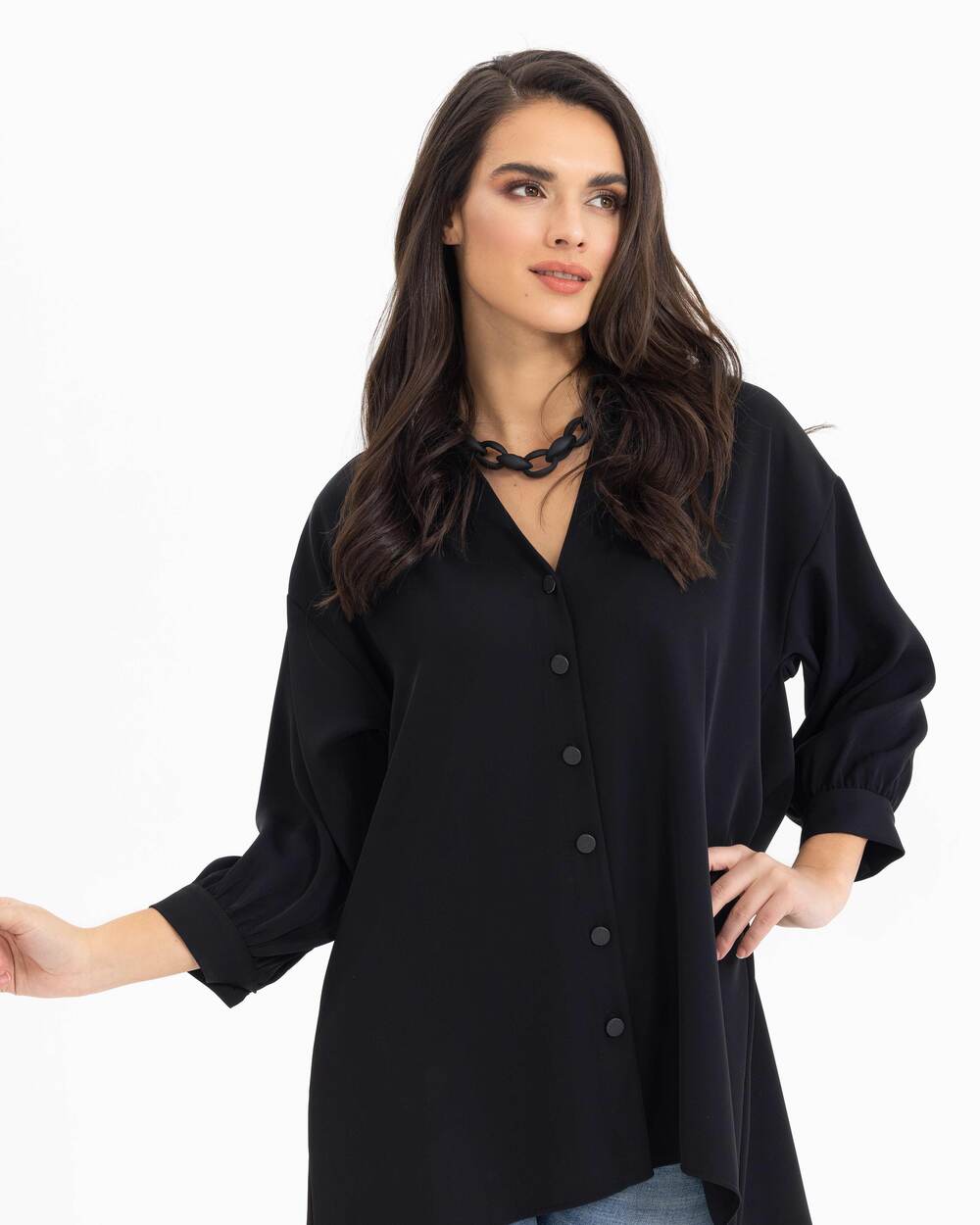 Asimetrik Kesim Balon Kollu Gömlek