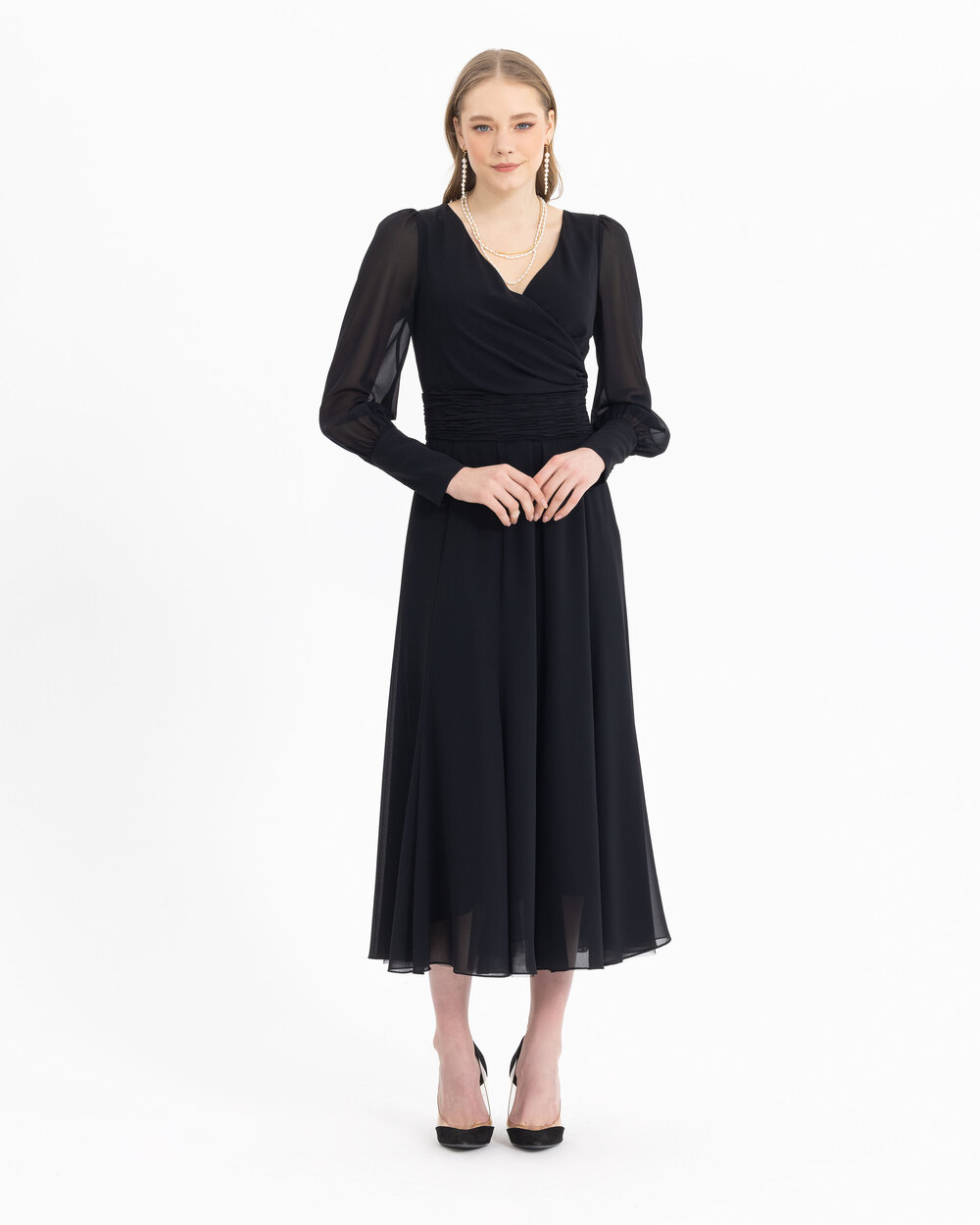 V Yakalı Şifon Elbise