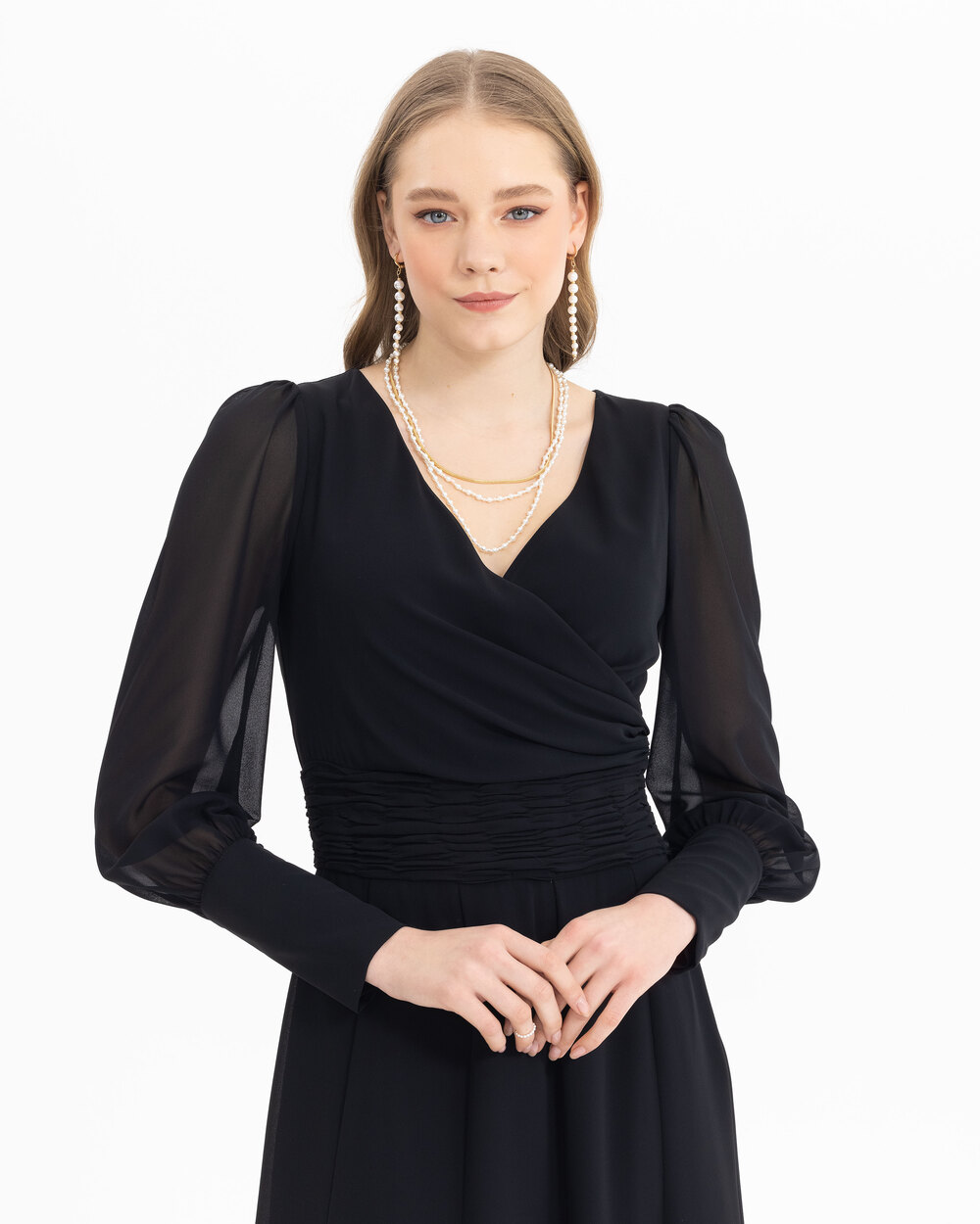 V Yakalı Şifon Elbise