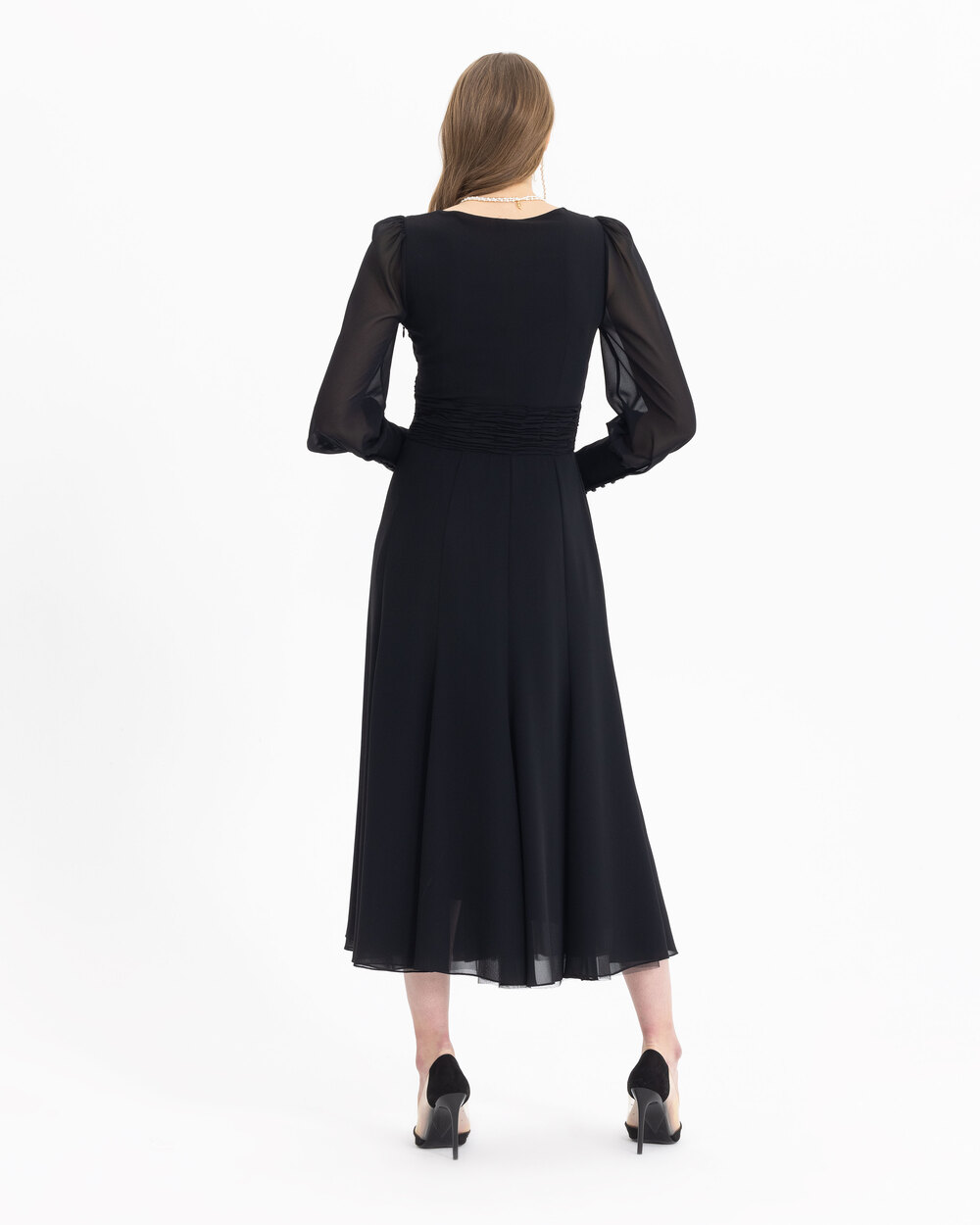 V Yakalı Şifon Elbise