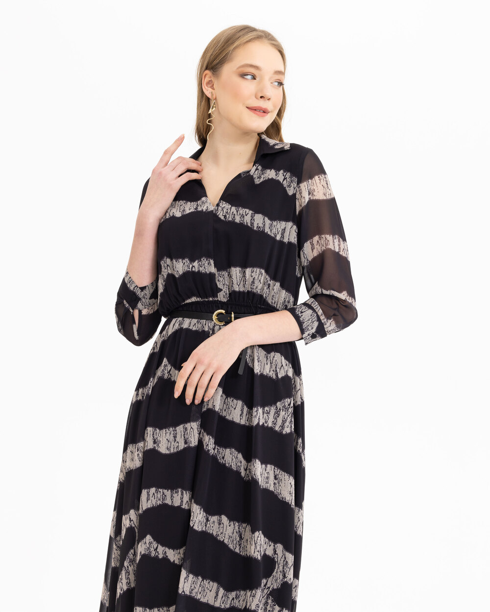 SEÇİL PATTERNED SHIRT WITH COLLAR MIDI SIZE DRESS