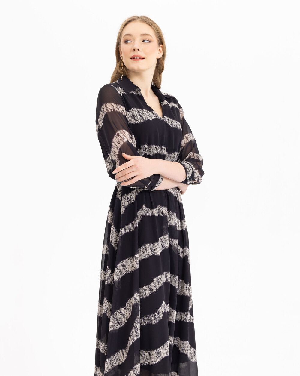 SEÇİL PATTERNED SHIRT WITH COLLAR MIDI SIZE DRESS