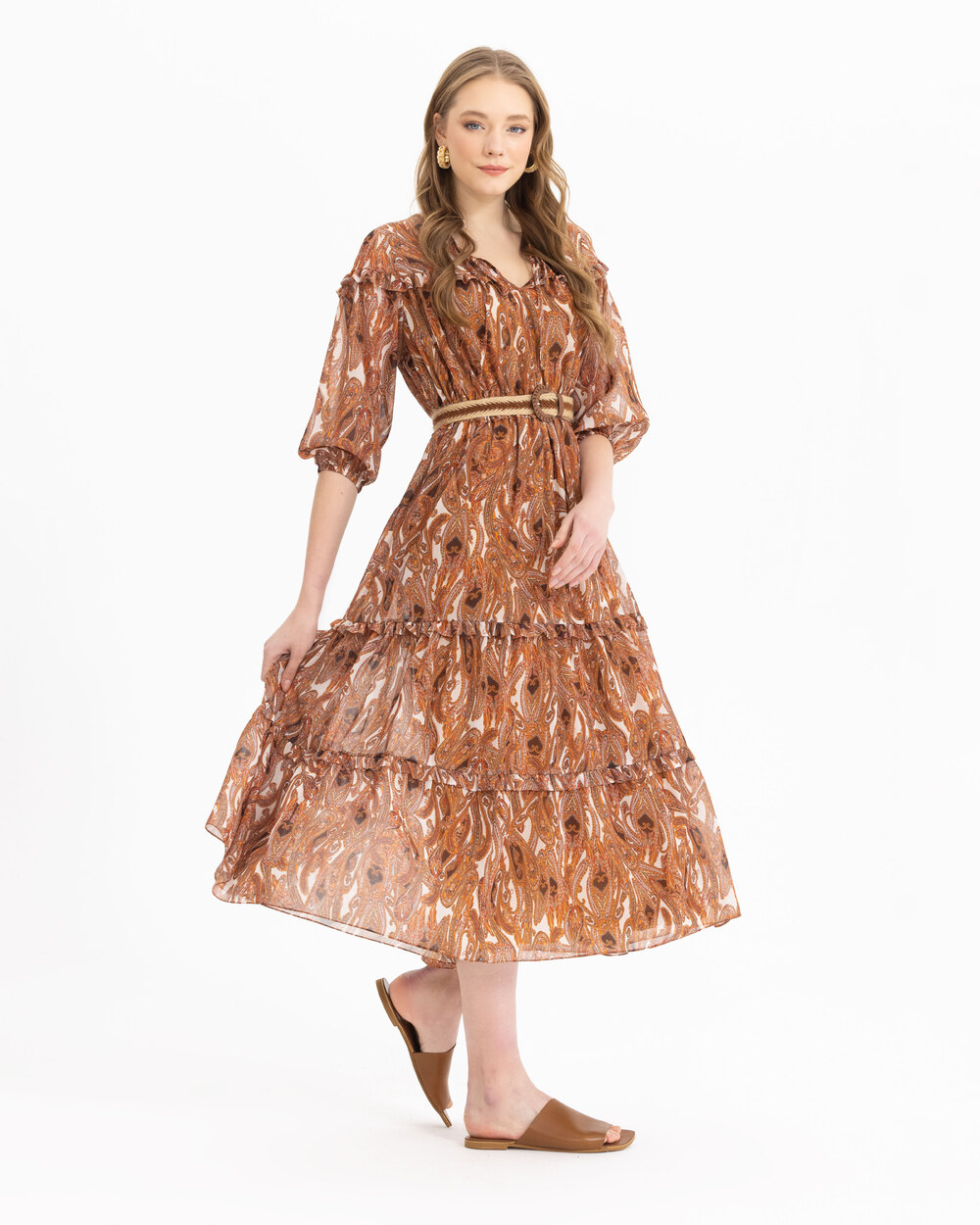 Şal Desenli Volanlı Elbise