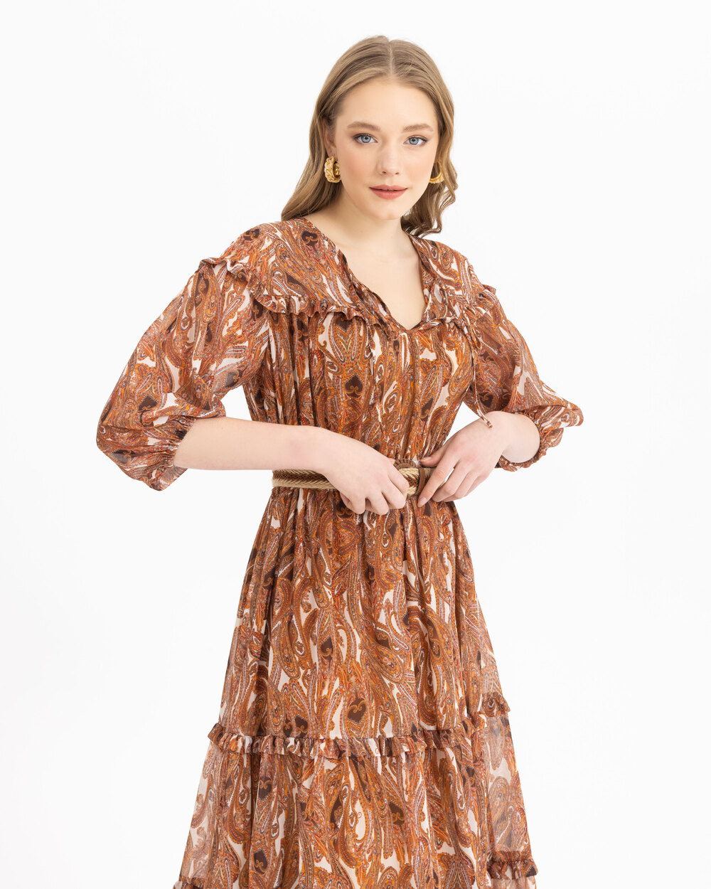 Şal Desenli Volanlı Elbise