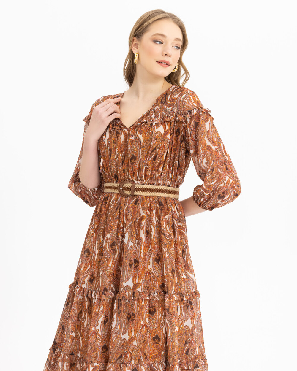 Şal Desenli Volanlı Elbise