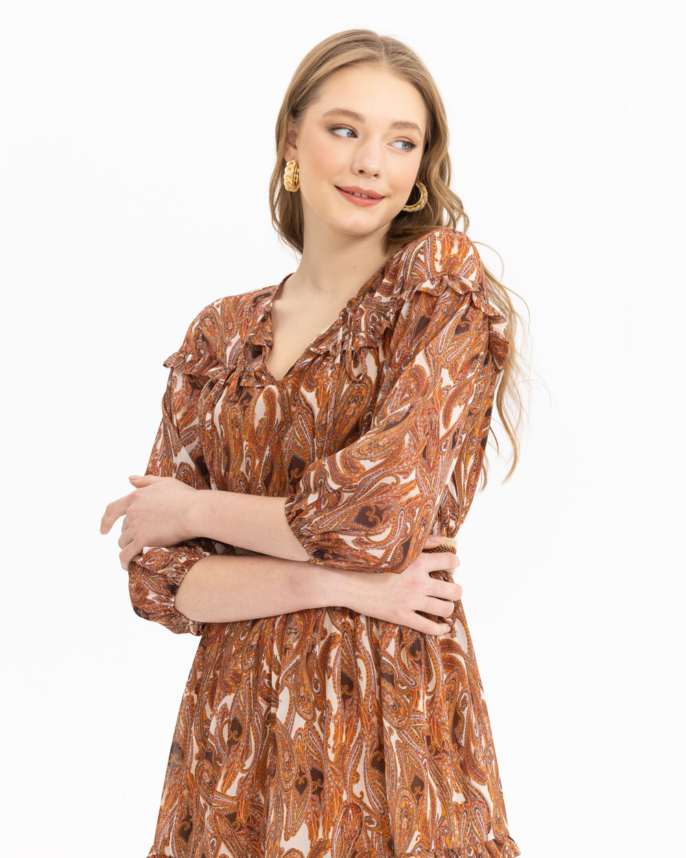 Şal Desenli Volanlı Elbise