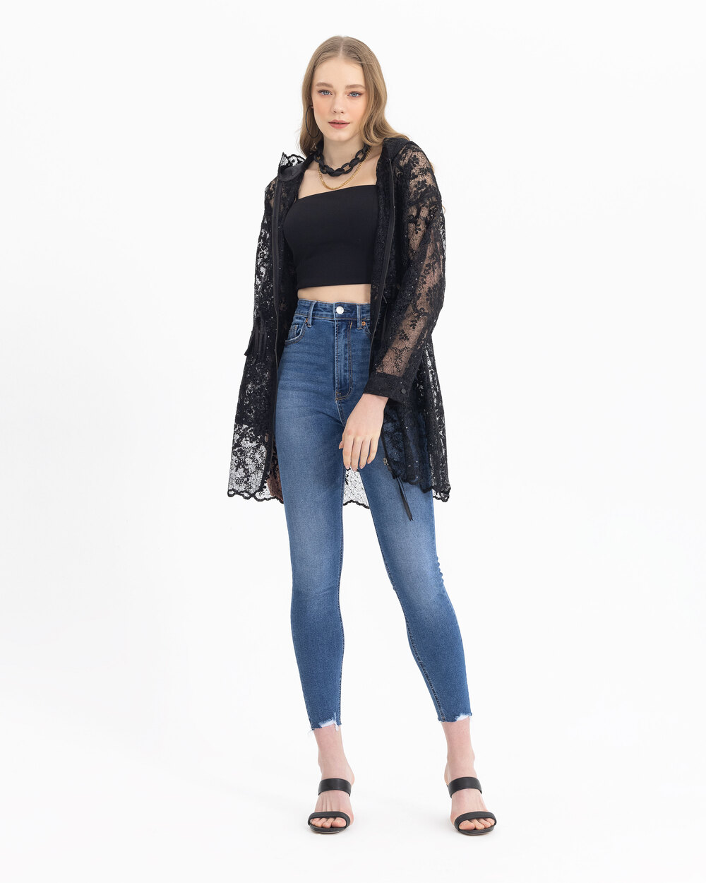 Zippered Sequin Detailed Lace Jacket
