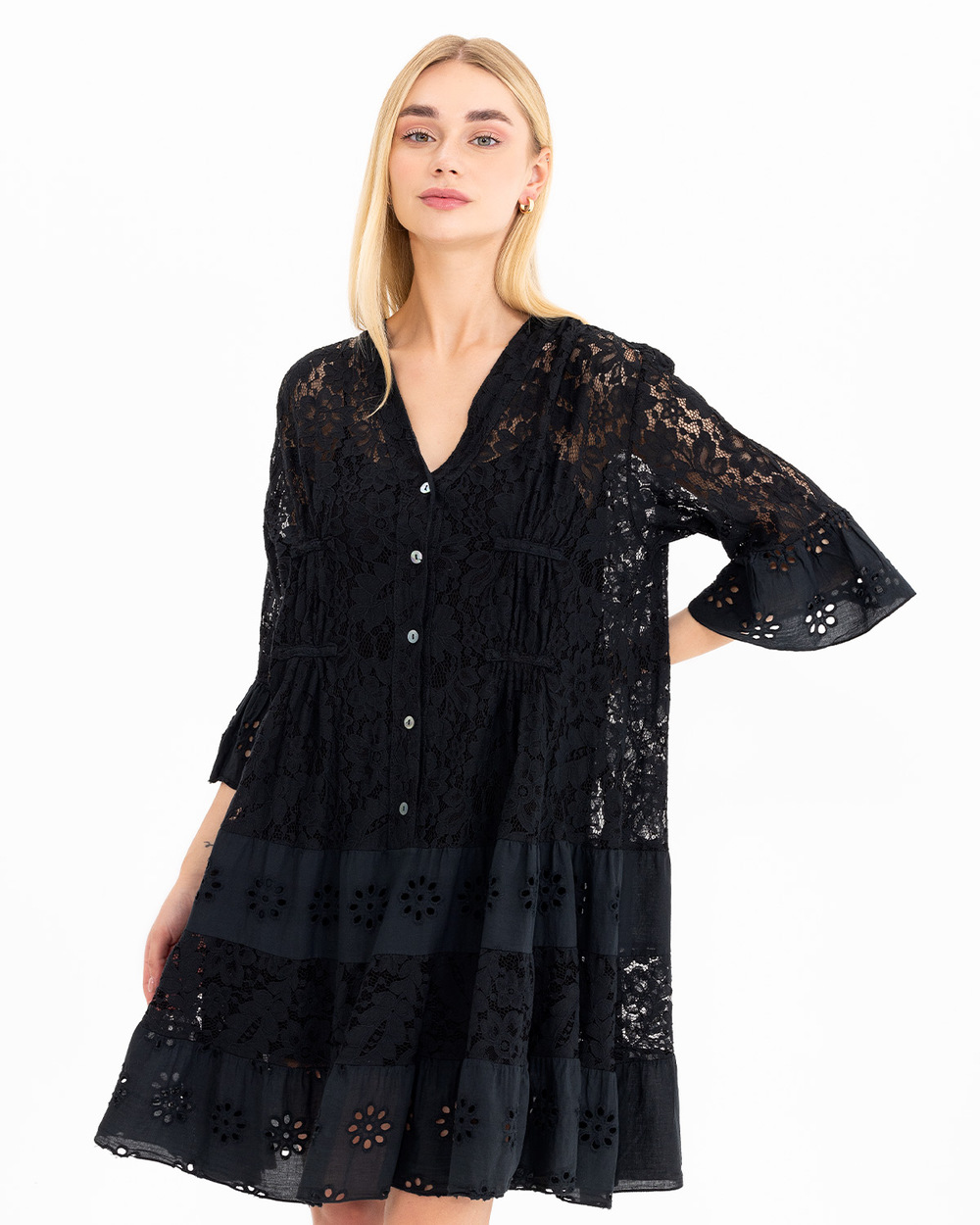 Düğmeli Dantel Elbise