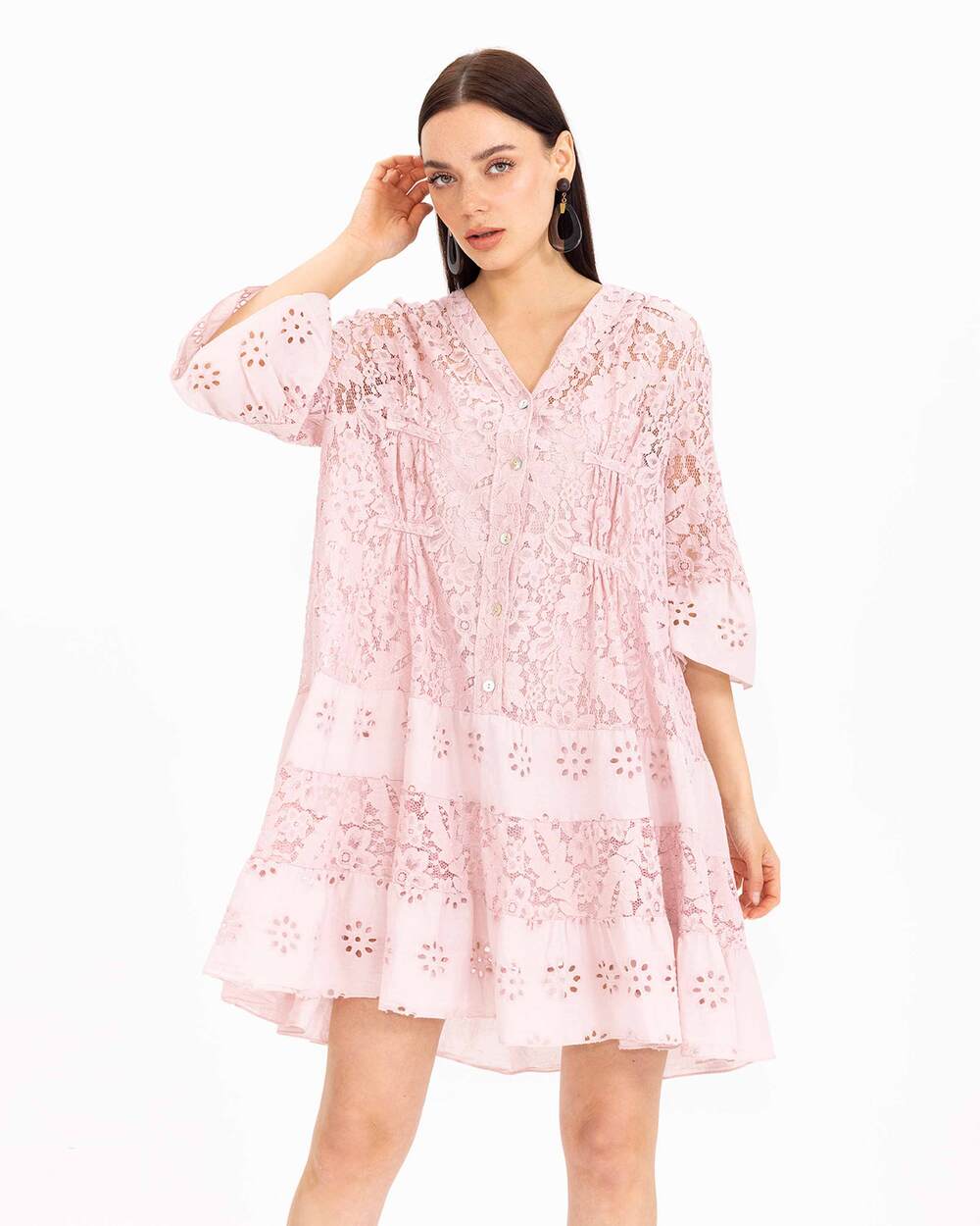 Düğmeli Dantel Elbise