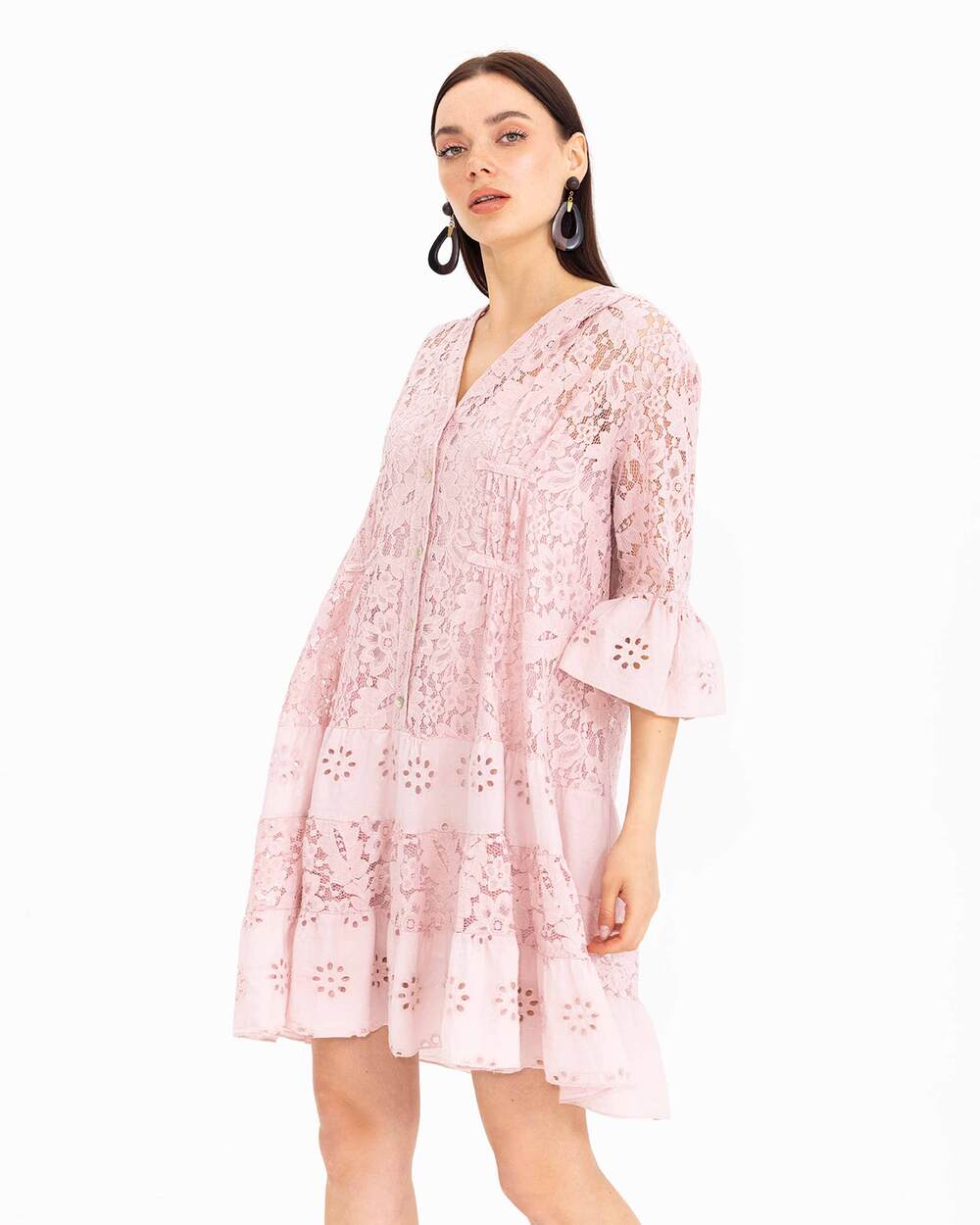 Düğmeli Dantel Elbise