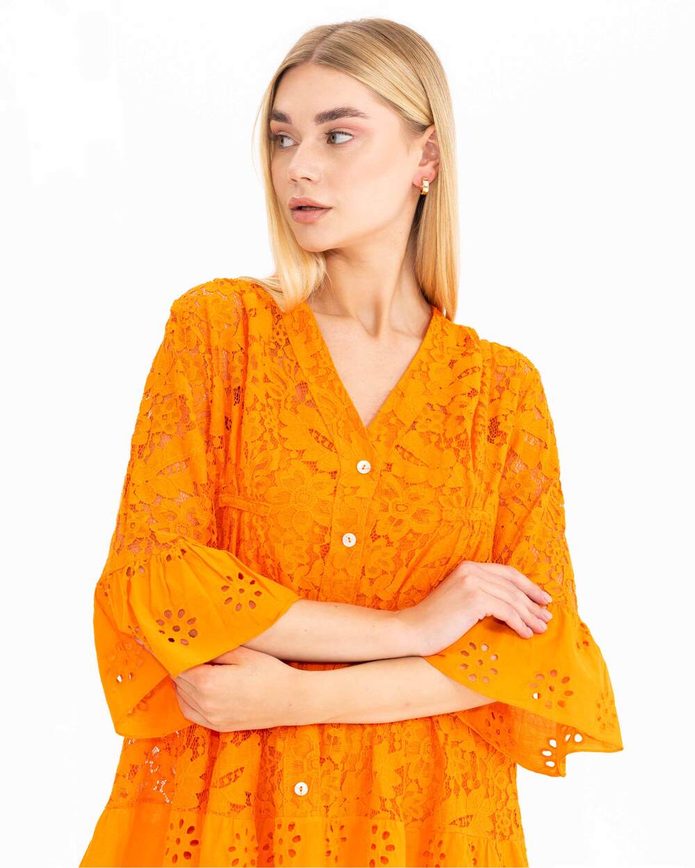 Düğmeli Dantel Elbise