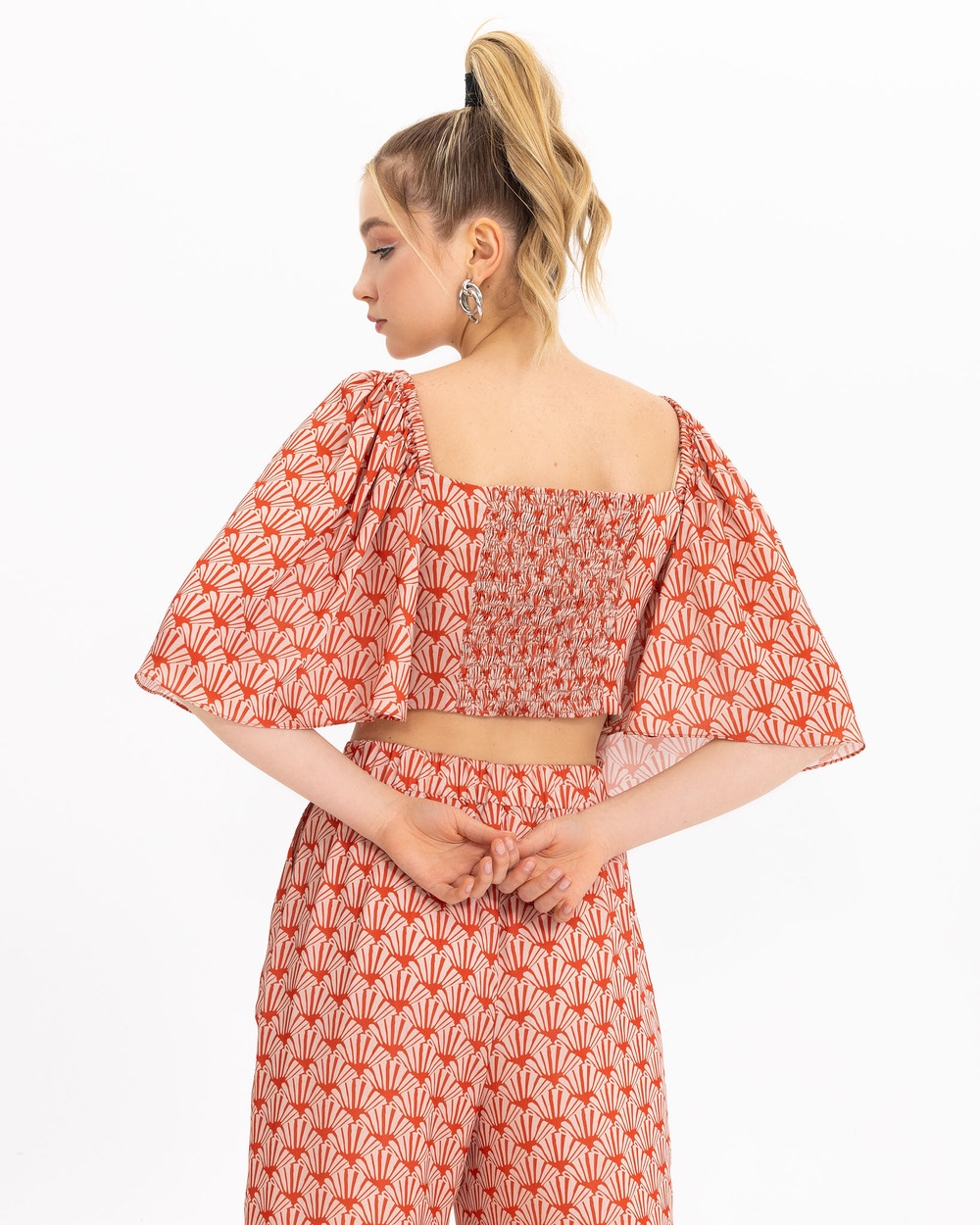 Patterned Wide Sleeve Crop Blouse