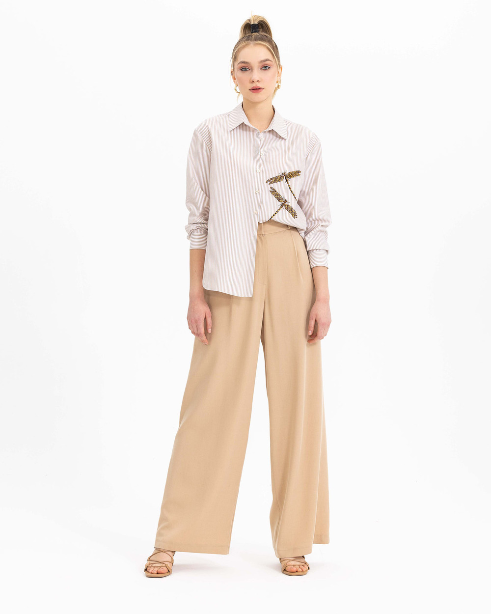 Boncuk İşlemeli Çizgili Gömlek