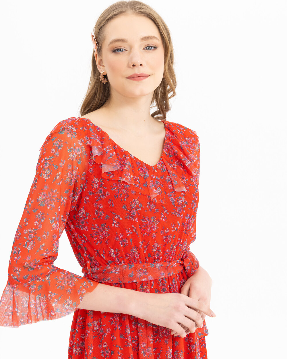 Yakası Fırfrılı Desenli Elbise