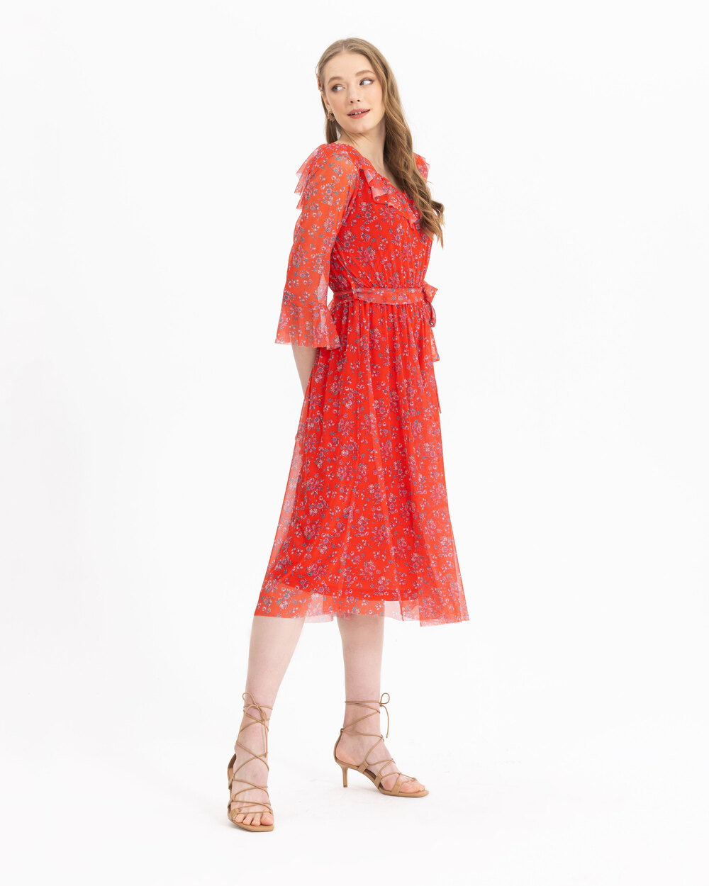 Yakası Fırfrılı Desenli Elbise