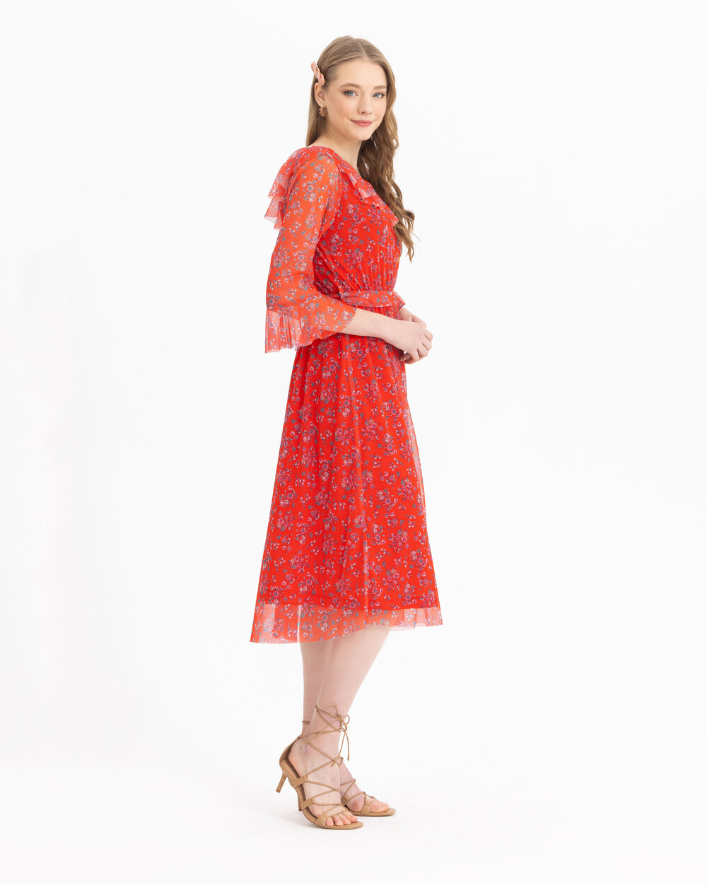 Yakası Fırfrılı Desenli Elbise