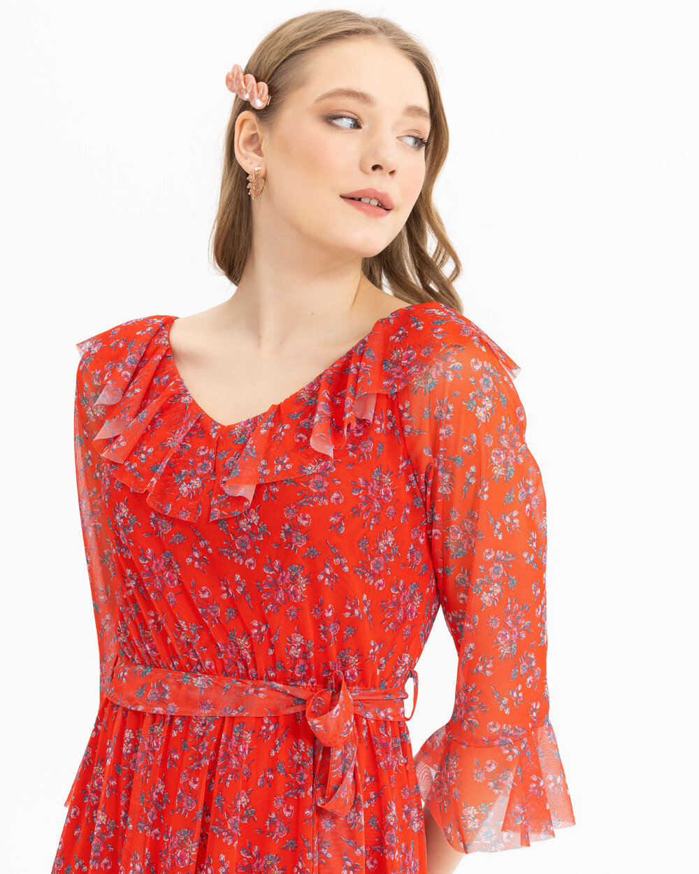 Yakası Fırfrılı Desenli Elbise