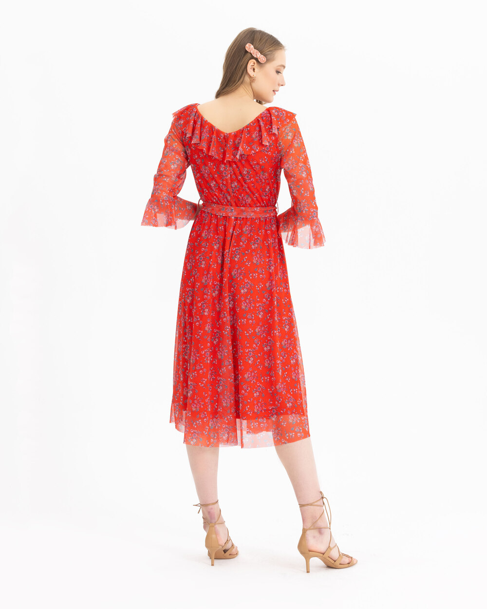 Yakası Fırfrılı Desenli Elbise