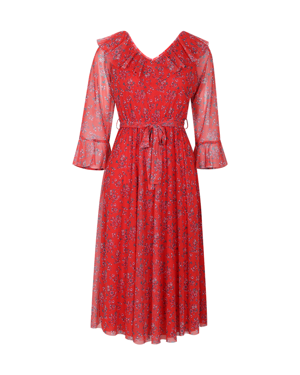 Yakası Fırfrılı Desenli Elbise