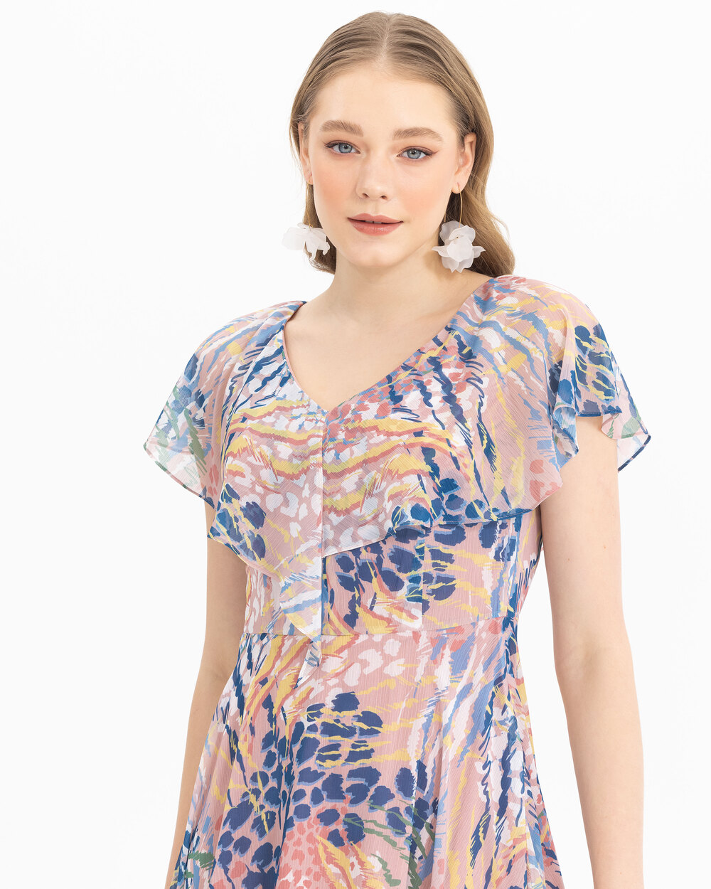 V Yakalı Desenli Şifon Elbise