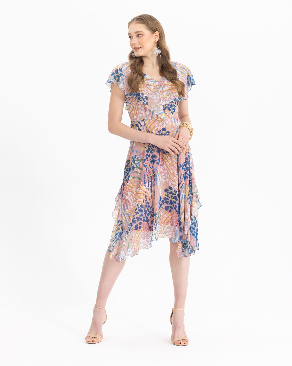 V Yakalı Desenli Şifon Elbise