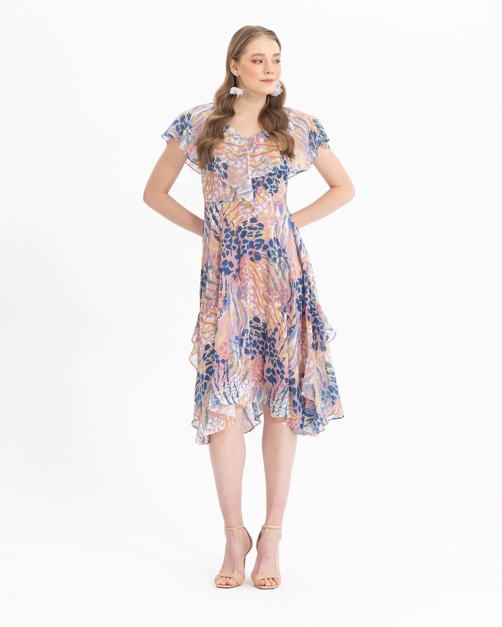 V Yakalı Desenli Şifon Elbise