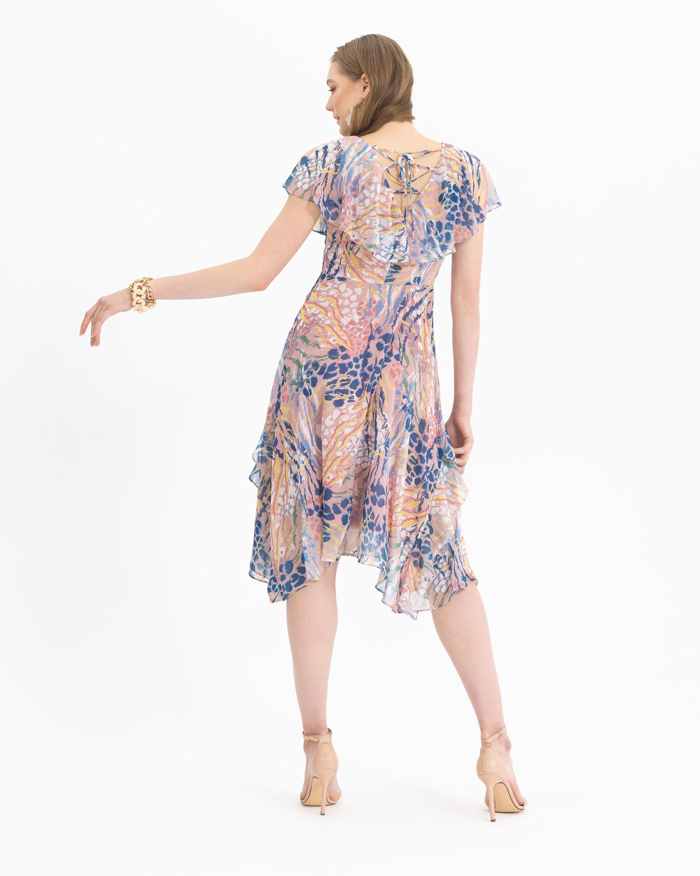 V Yakalı Desenli Şifon Elbise