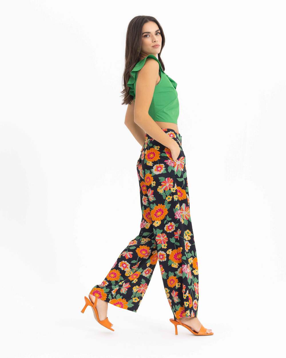 Çiçek Desenli Geniş Paçalı Pantolon