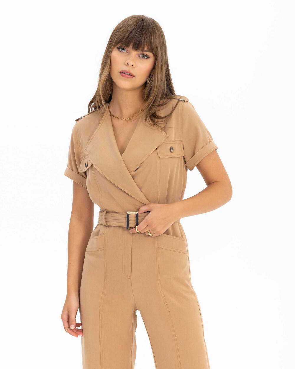 Belted Double Breasted Collar Jumpsuit