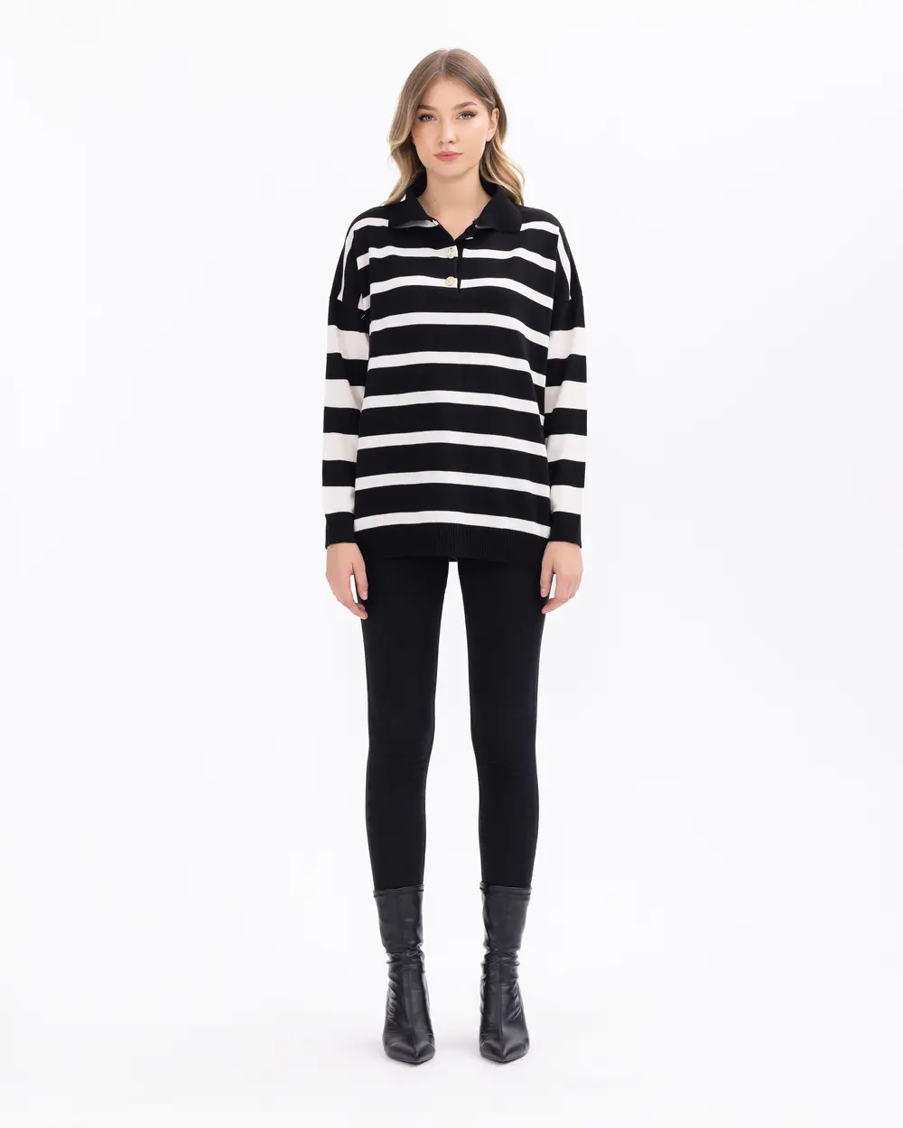 Polo Yaka Çizgili Triko Kazak