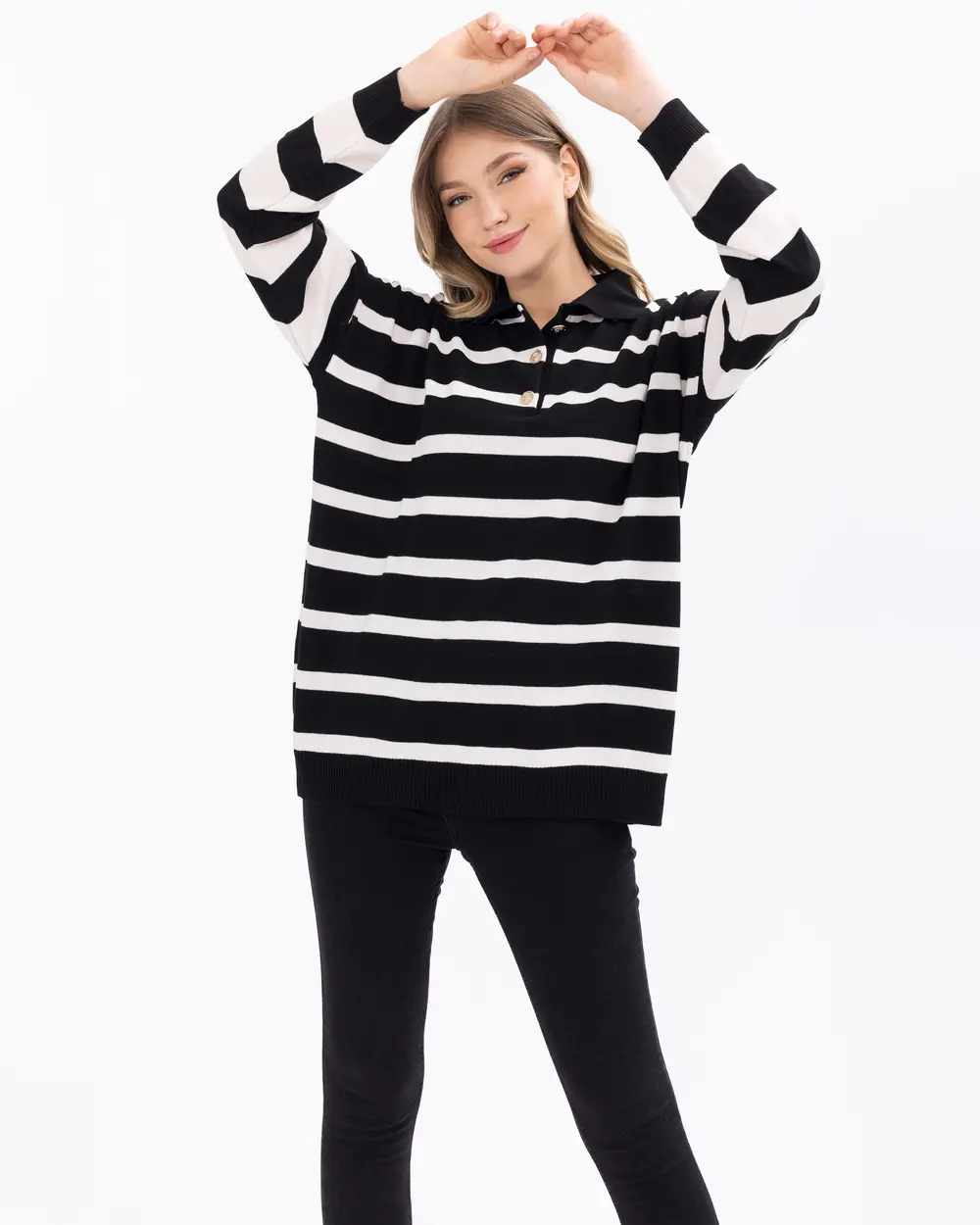 Polo Yaka Çizgili Triko Kazak
