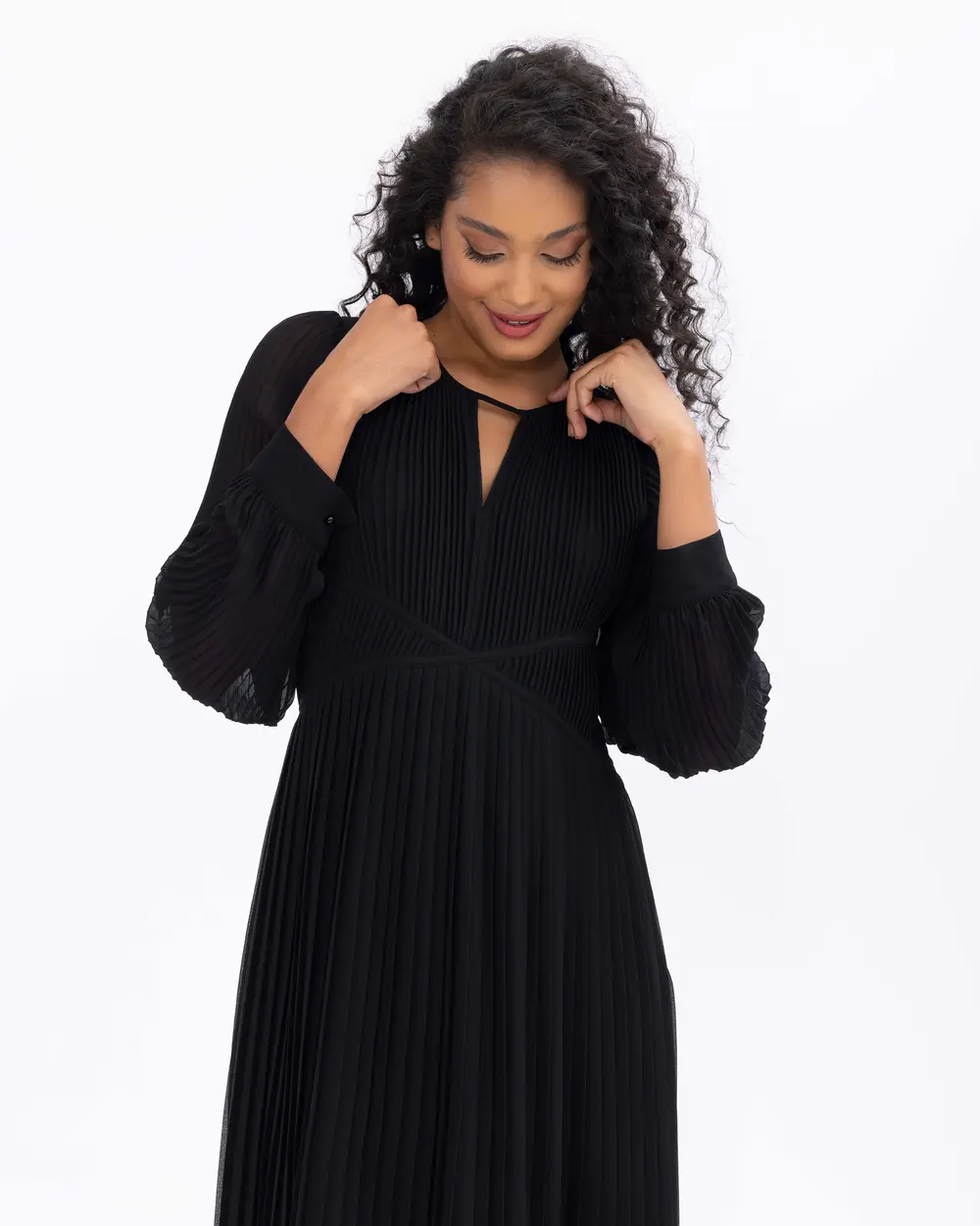 Pliseli Pencere Detay Midi Boy Elbise