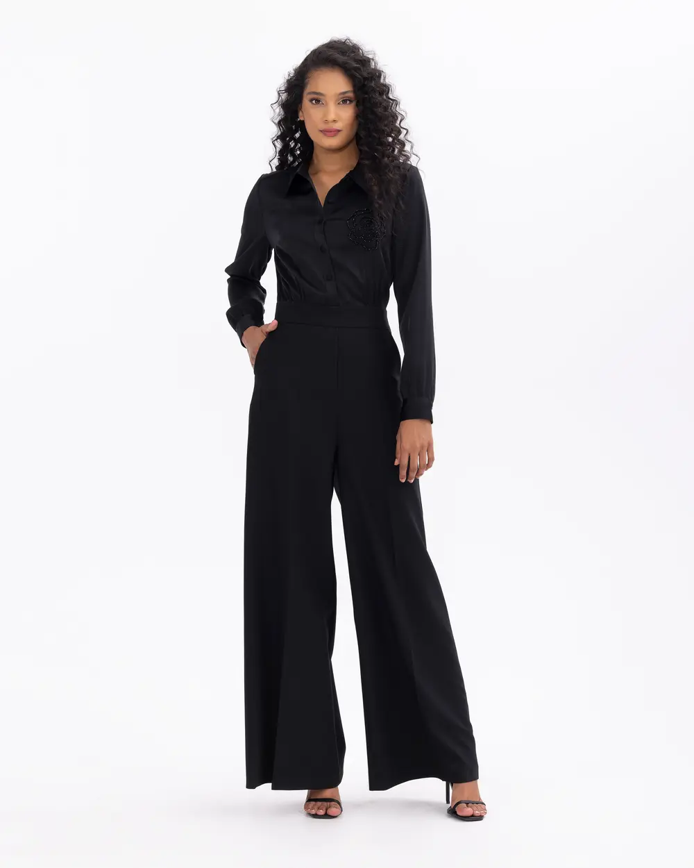 Bead Embroidered Shirt Collar Wide Leg Jumpsuit