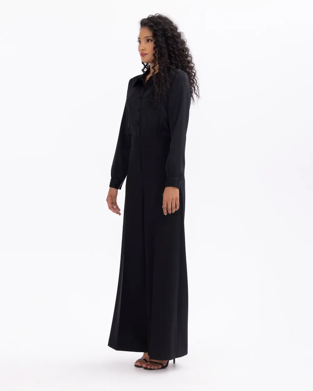 Bead Embroidered Shirt Collar Wide Leg Jumpsuit