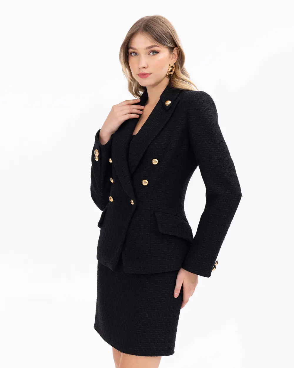 Düğme Detaylı Cep Kapaklı Dar Kesim Tüvit Ceket