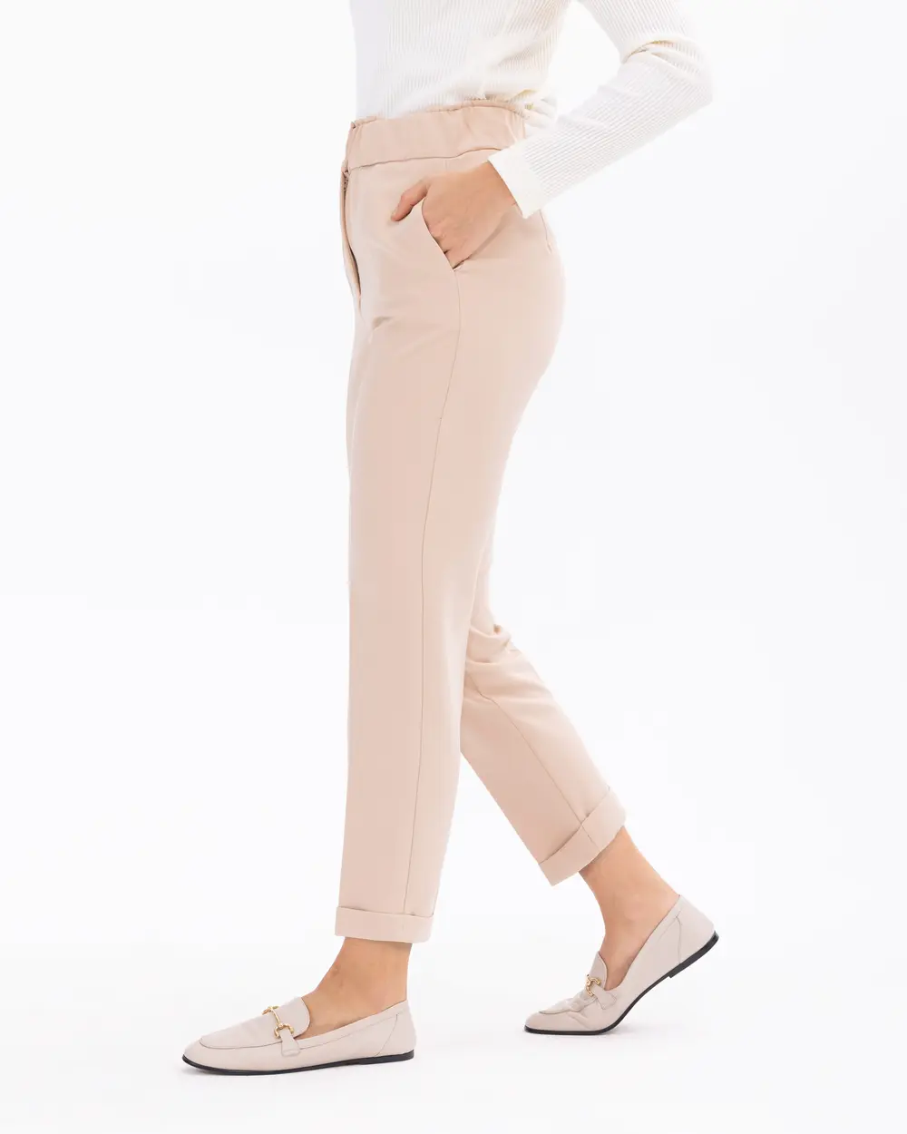 Half Elastic Waist Carrot Cut Ankle Length Trousers - SecilStore