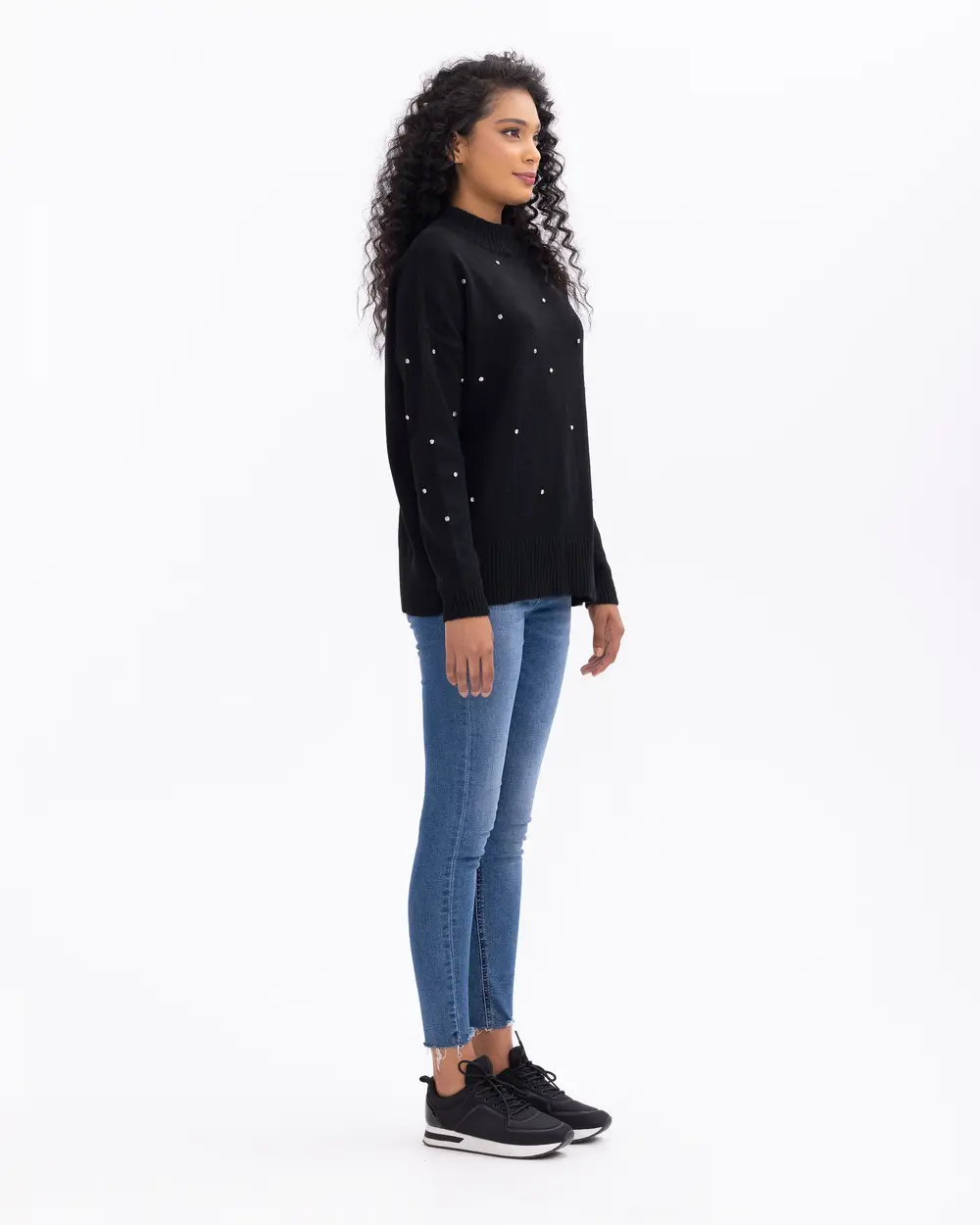 Stone-Embellished Half Turtleneck Knit Sweater