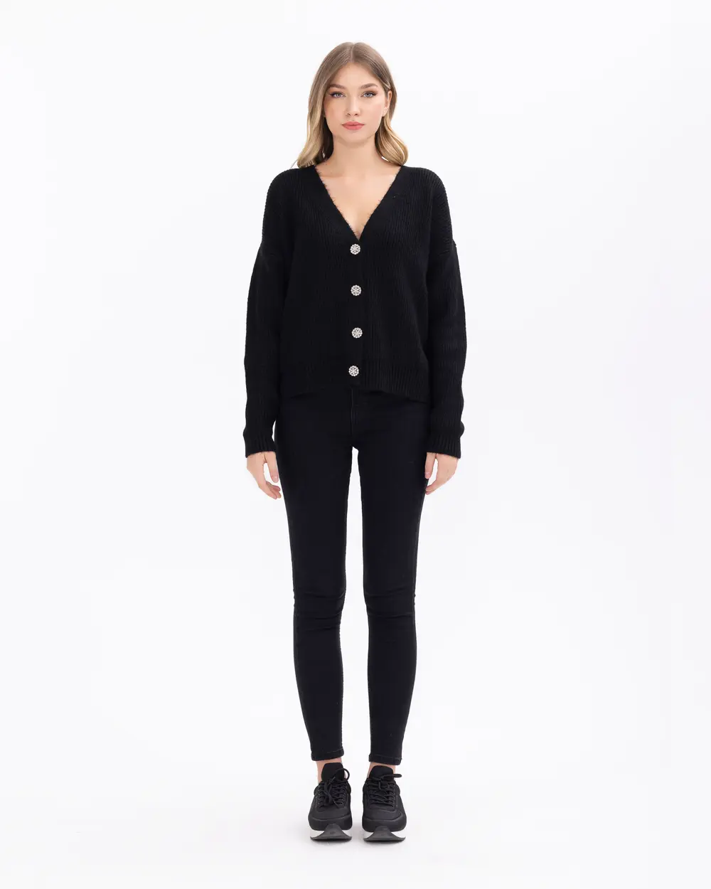 Button-Detailed Waist-Length Knit Cardigan
